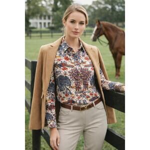 J. McLaughlin Lois Blouse – Peacock Garden Print | XS | 100% Cotton